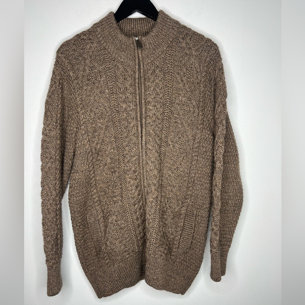 Aran Original Co. Merino Wool Cable Knit Full Zip Sweater Brown Men's L Pockets
